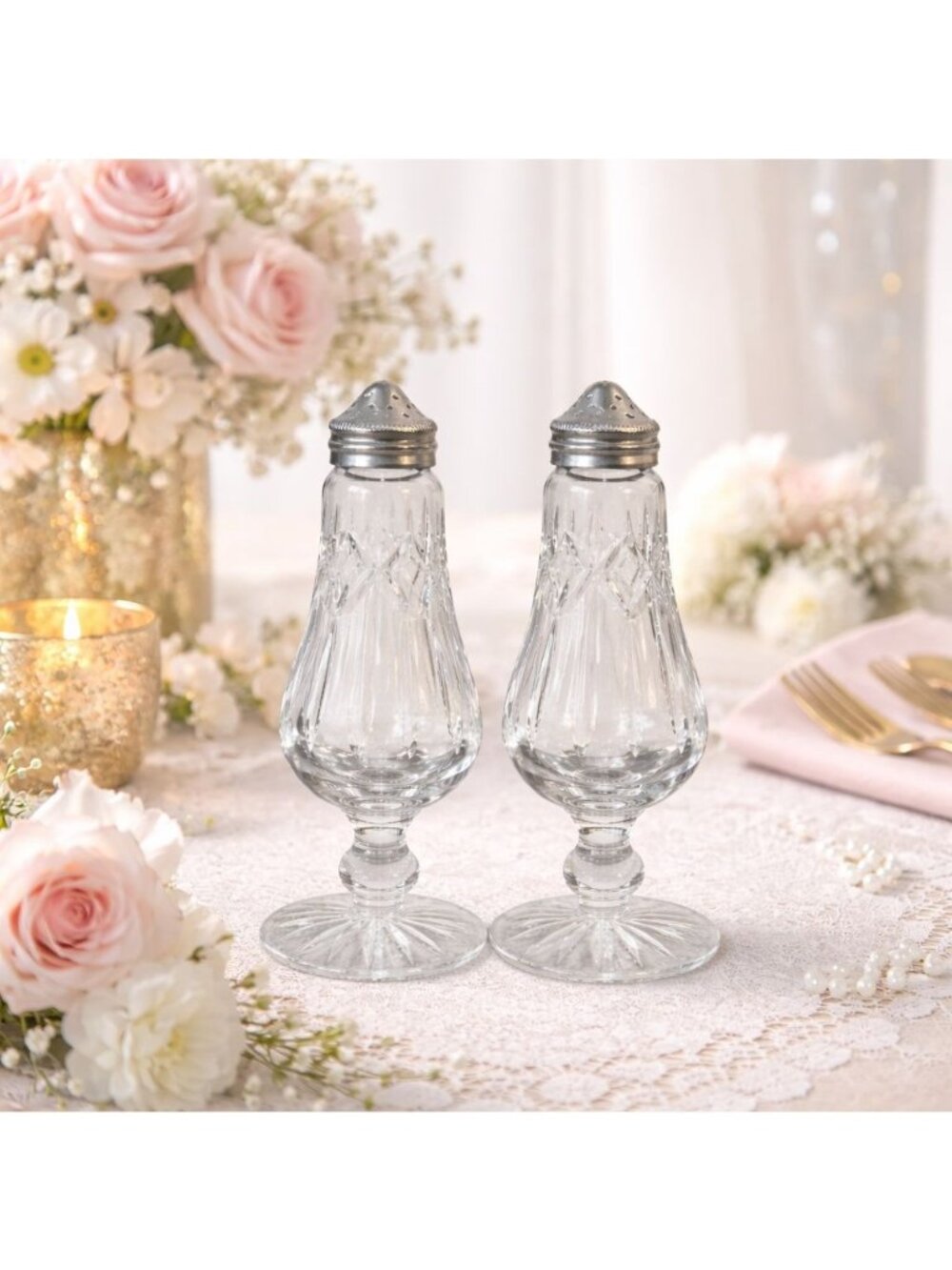 Waterford Crystal Lismore Salt Pepper Shakers VTG Pedestal Elegant Table Decor